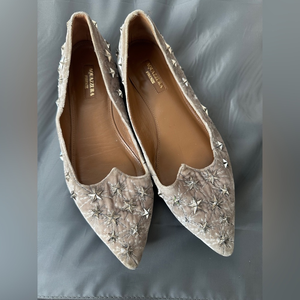Aquazurra Star-Studded baby pink velvet flat